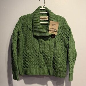Aran Crafts Green Cable Knit Merino Wool Cardigan